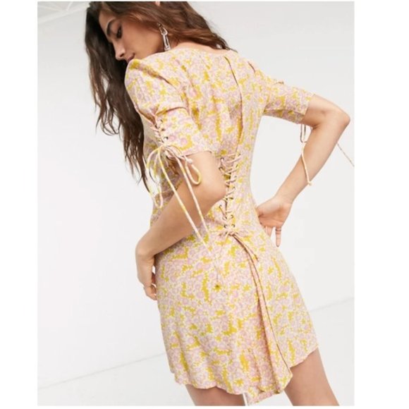 Free People Dresses & Skirts - Free People Lace-Up Short Sleeve Floral Minidress NWT
